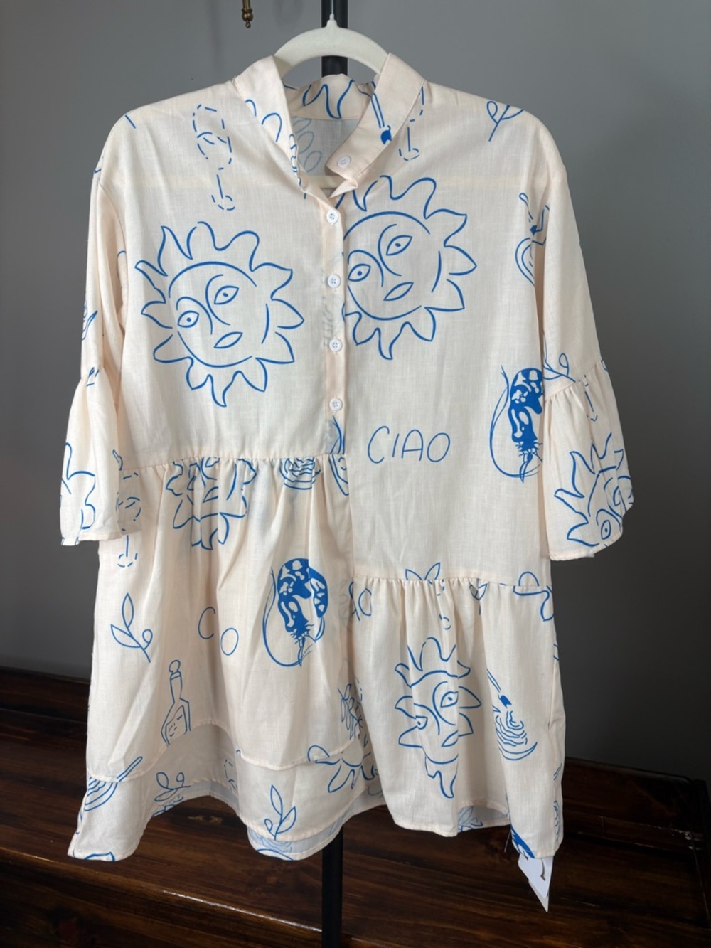 Cream Button-Front Tunic Dress with Blue Sun Print